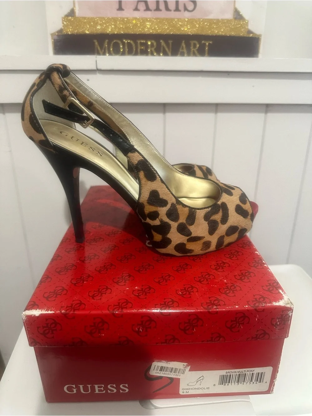 GUESS Leopard-Print Peep-Toe Slingback Heels with Red Platform